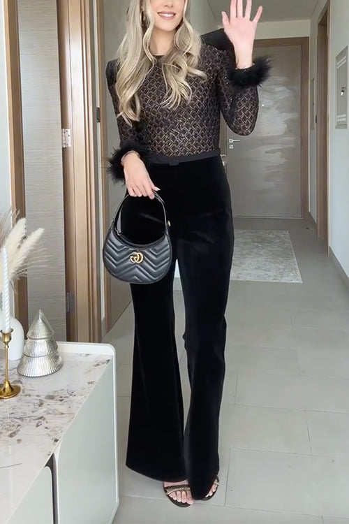 Margovil Feather Cuffs Bell Bottom Velvet Splice Jumpsuit, view 3