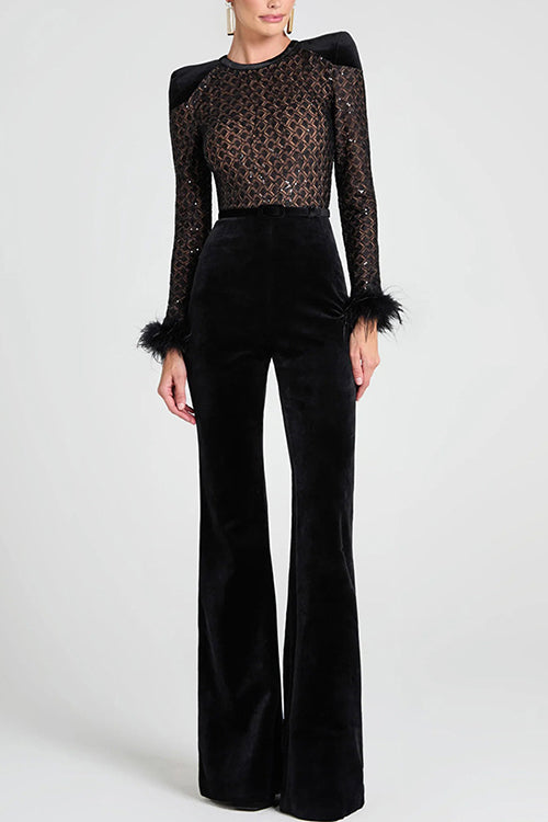 Margovil Feather Cuffs Bell Bottom Velvet Splice Jumpsuit, view 4