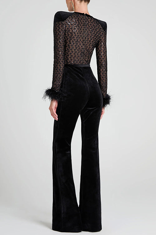 Margovil Feather Cuffs Bell Bottom Velvet Splice Jumpsuit, view 5