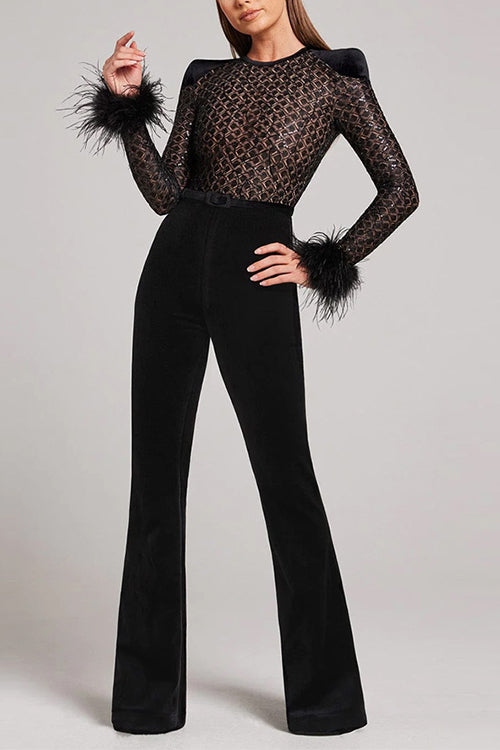 Margovil Feather Cuffs Bell Bottom Velvet Splice Jumpsuit, view 6