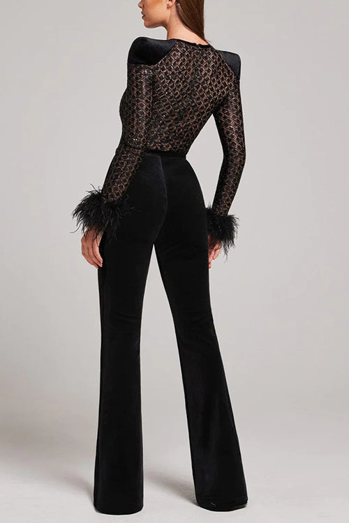 Margovil Feather Cuffs Bell Bottom Velvet Splice Jumpsuit, view 8