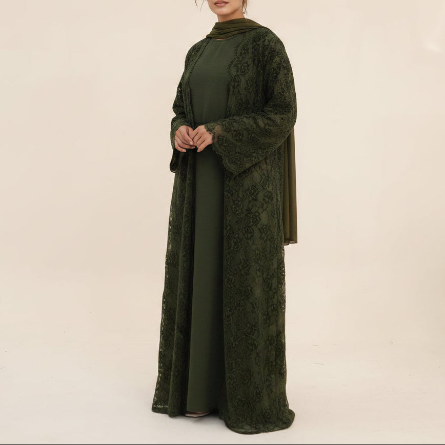Laleh Floral Lace Open Abaya Set with Sleeveless Inner Dress by Try Modest