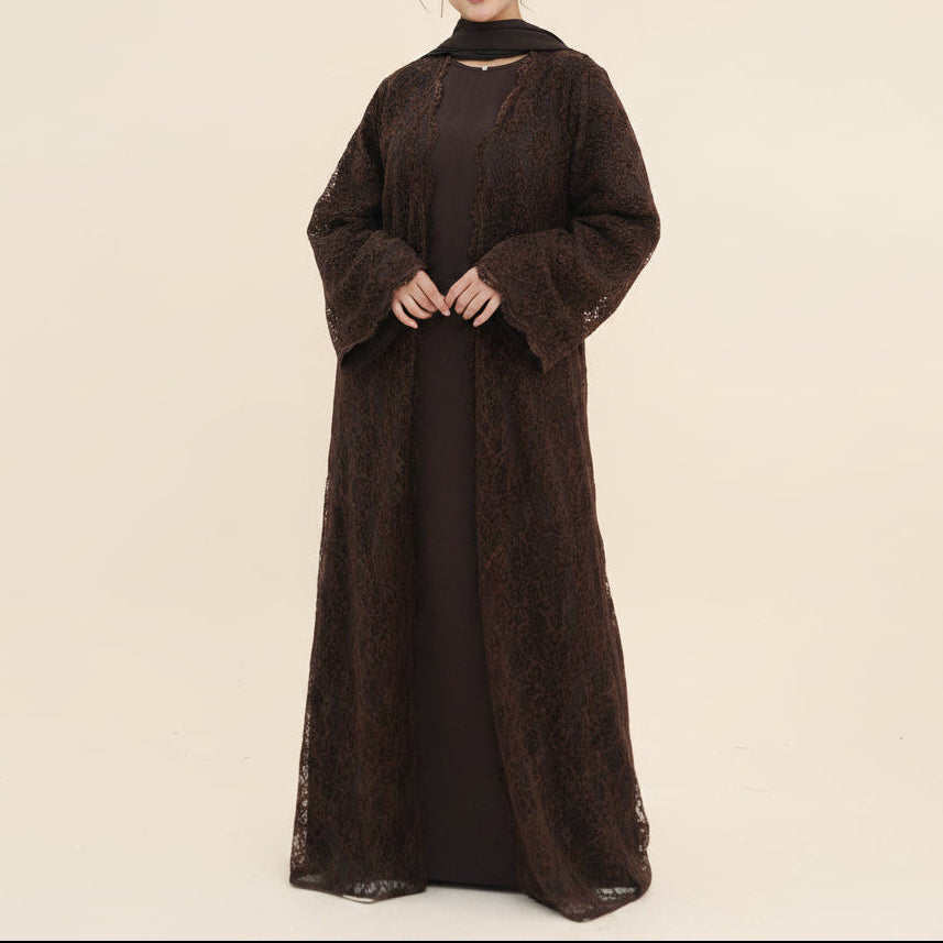 Laleh Floral Lace Open Abaya Set with Sleeveless Inner Dress, view 2
