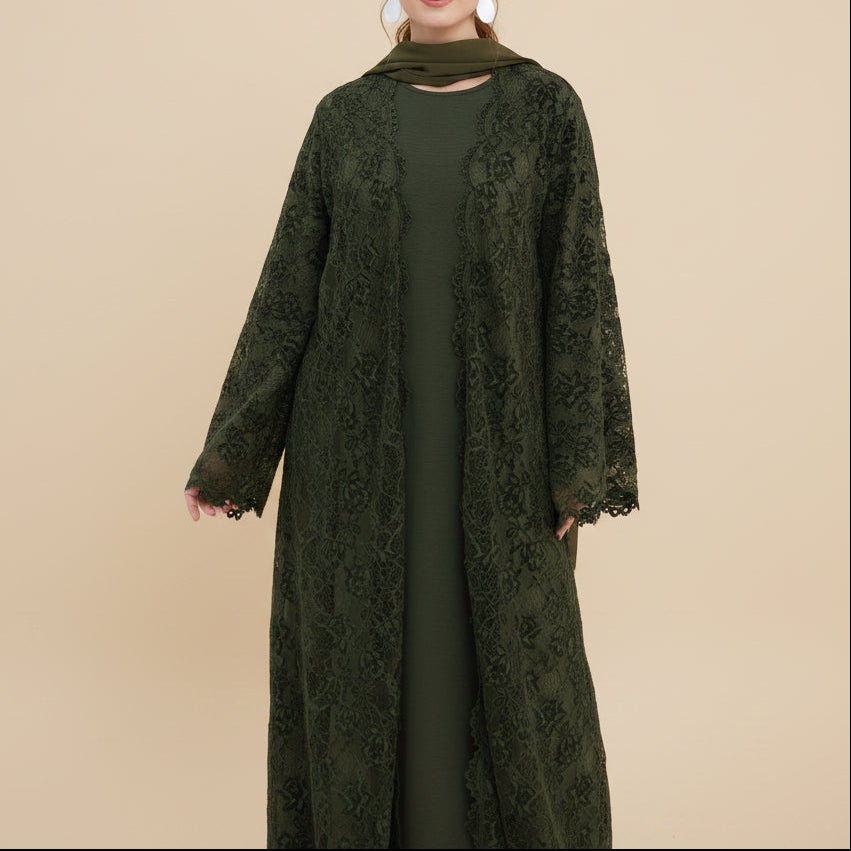 Laleh Floral Lace Open Abaya Set with Sleeveless Inner Dress, view 3
