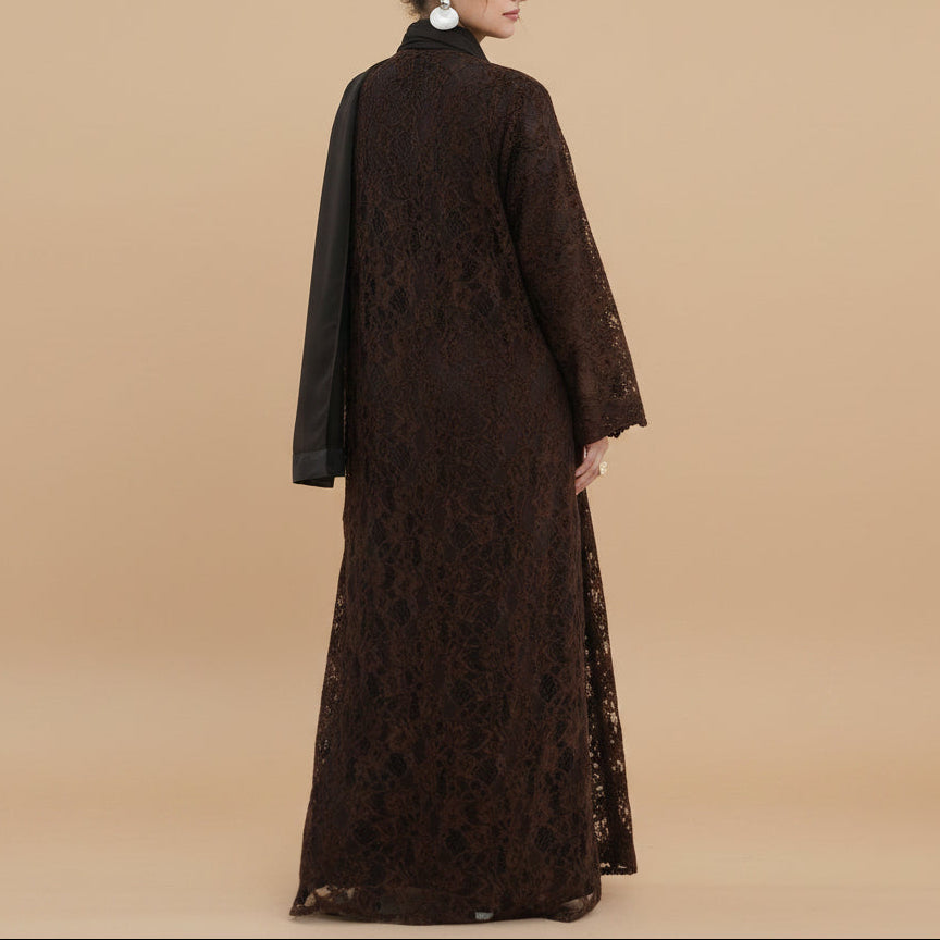 Laleh Floral Lace Open Abaya Set with Sleeveless Inner Dress, view 5