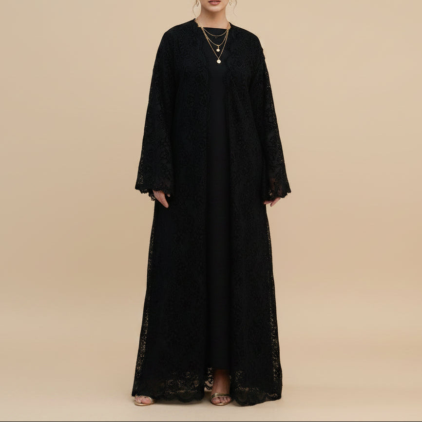Laleh Floral Lace Open Abaya Set with Sleeveless Inner Dress, view 6