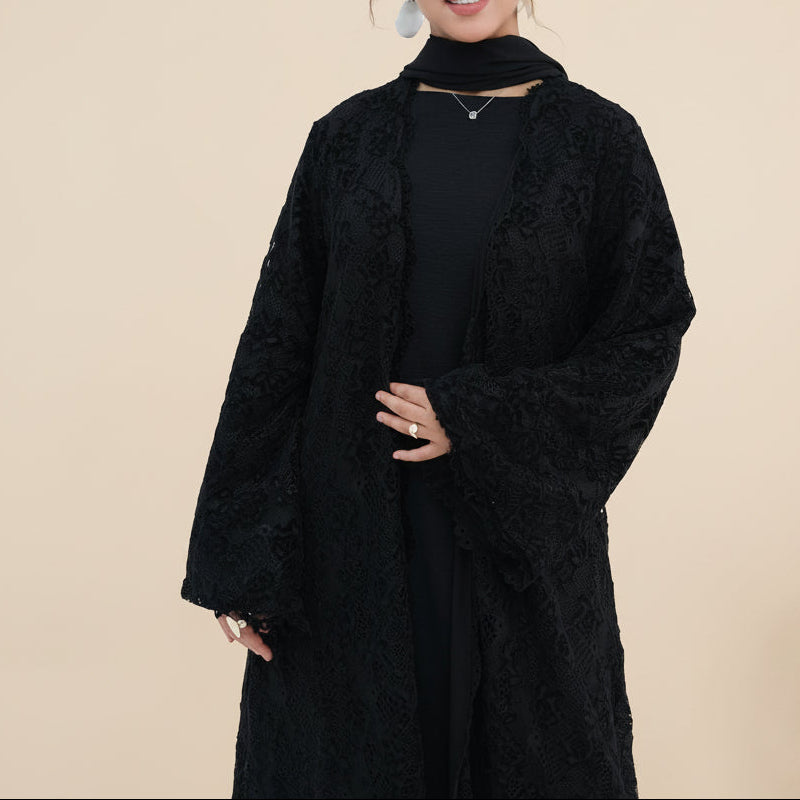 Laleh Floral Lace Open Abaya Set with Sleeveless Inner Dress, view 7