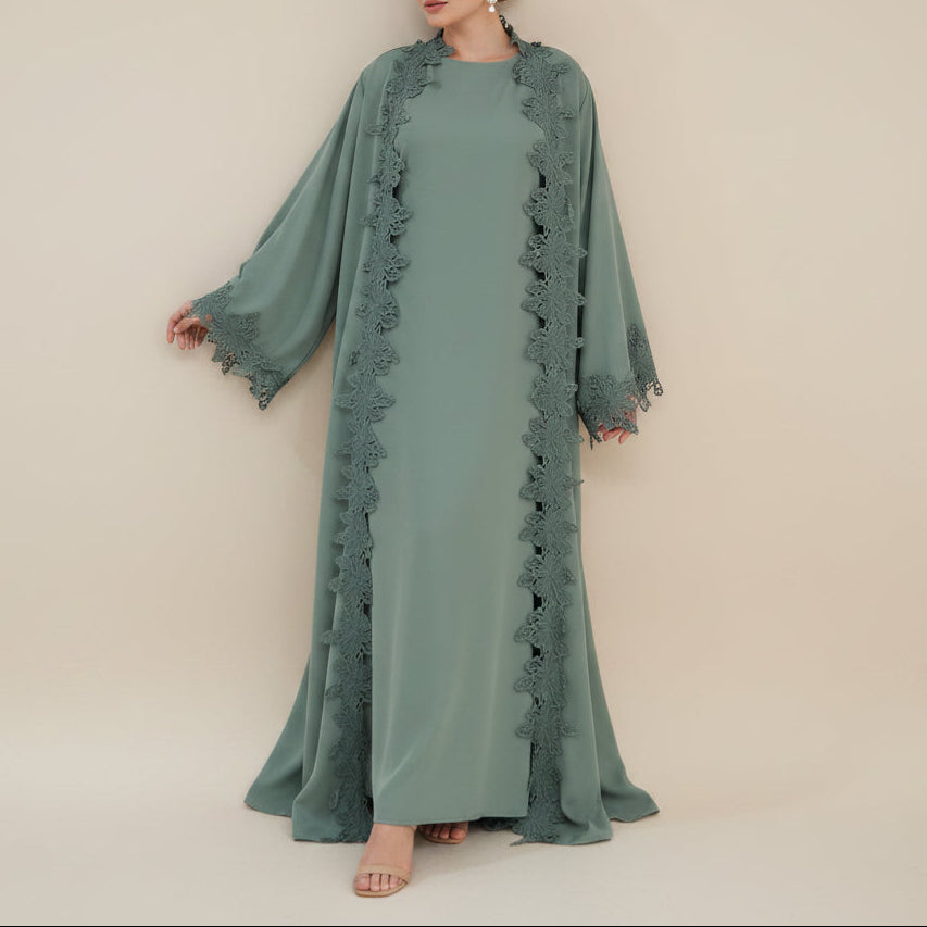 Lucienna Floral Lace Open Abaya Set, view 2