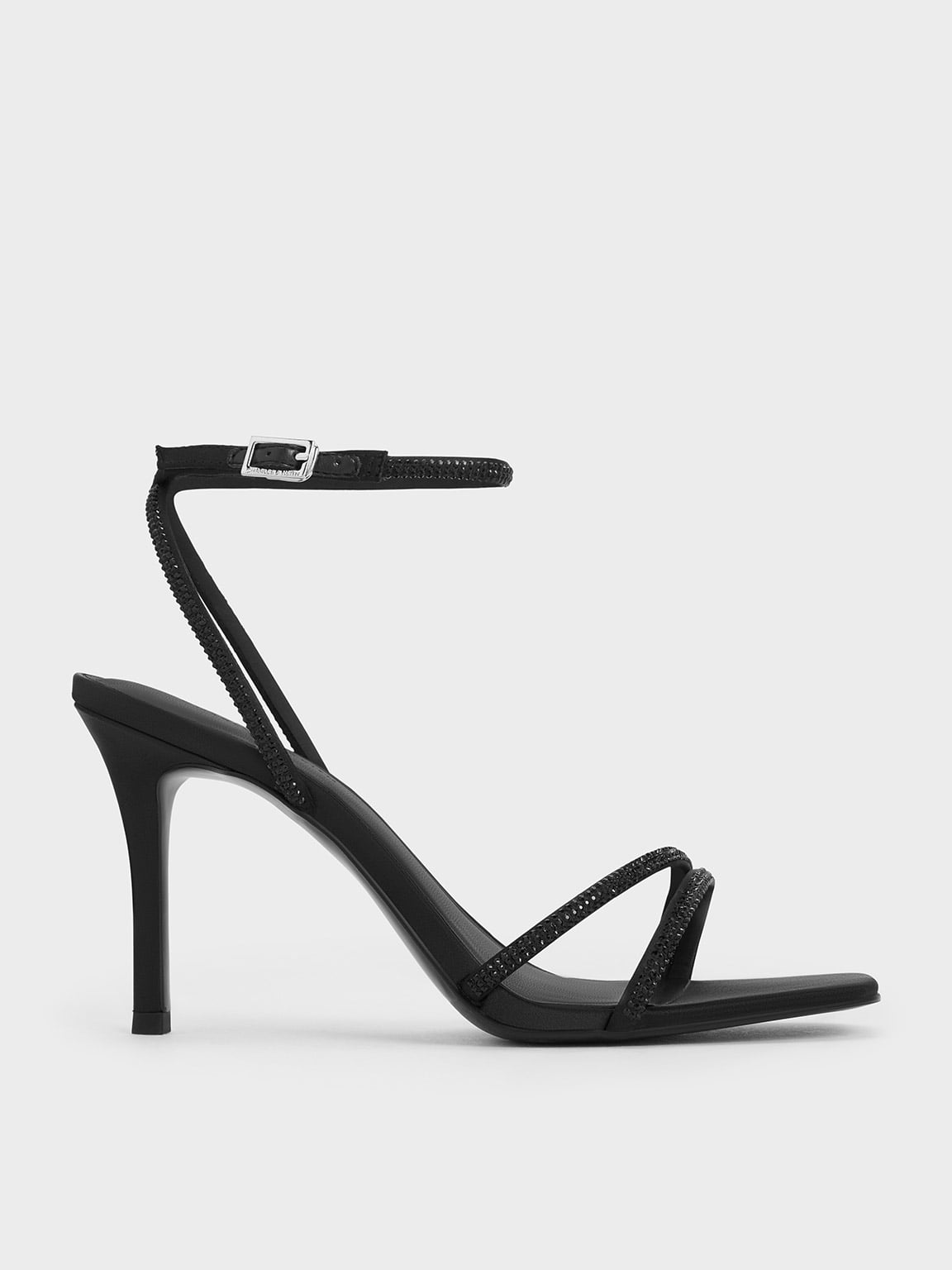 CHARLES & KEITH - Satin Crystal-Embellished Asymmetric Heeled Sandals by Charles & Keith US