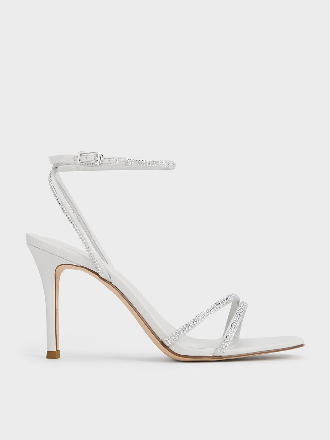 CHARLES & KEITH - Satin Crystal-Embellished Asymmetric Heeled Sandals by Charles & Keith US