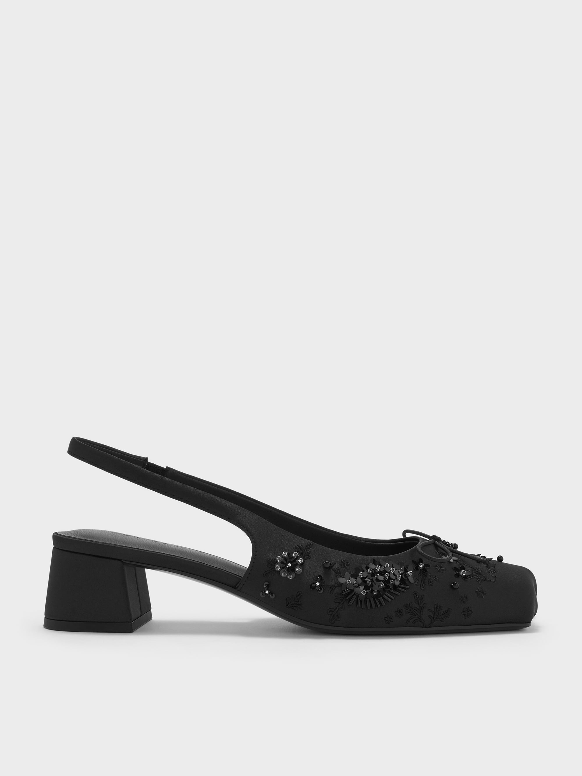 CHARLES & KEITH - Sadira Satin Embroidered Sequinned Slingback Pumps by Charles & Keith US