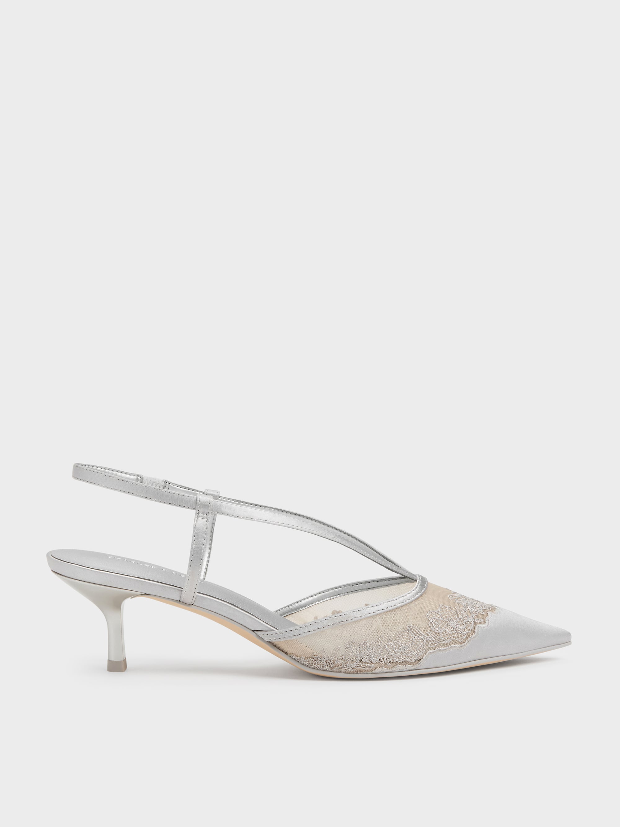 CHARLES & KEITH - Satin Embroidered-Mesh Slingback Kitten Heels by Charles & Keith US