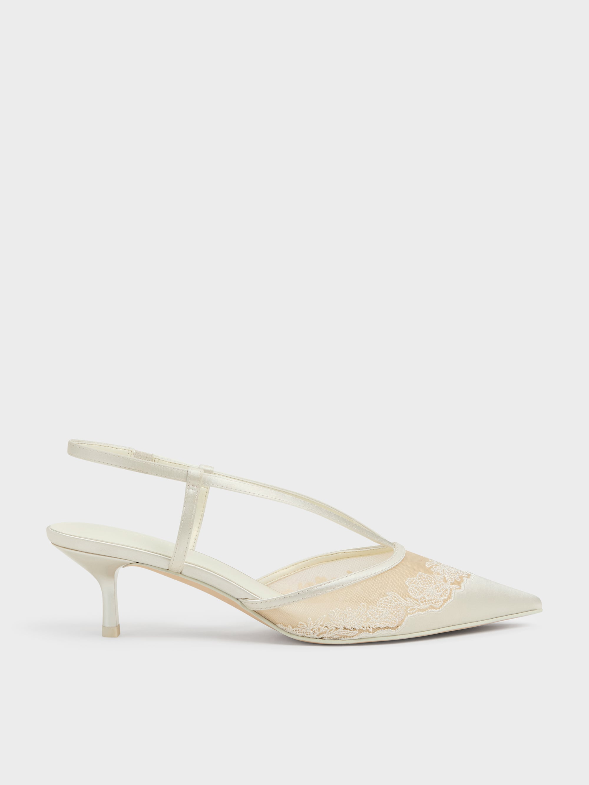CHARLES & KEITH - Satin Embroidered-Mesh Slingback Kitten Heels by Charles & Keith US