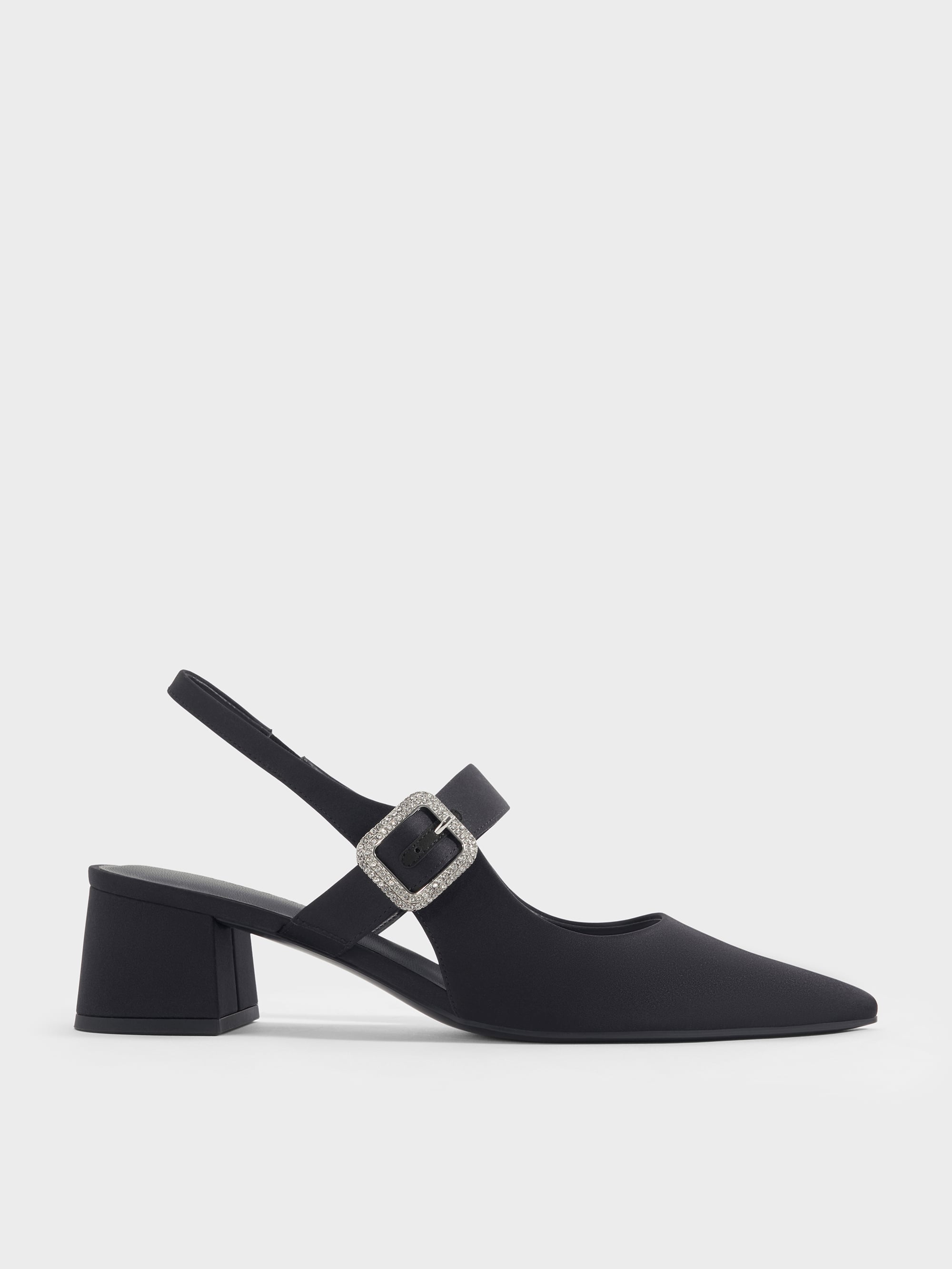 CHARLES & KEITH - Satin Crystal-Buckle Slingback Pumps by Charles & Keith US