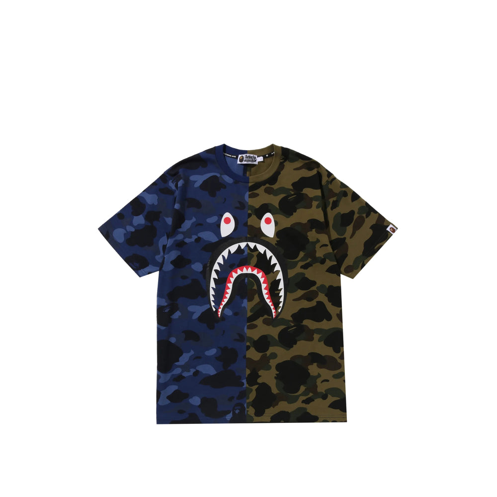 A Bathing Ape® Shark Motif Split Camouflage T-Shirt — Navy by A Bathing Ape®