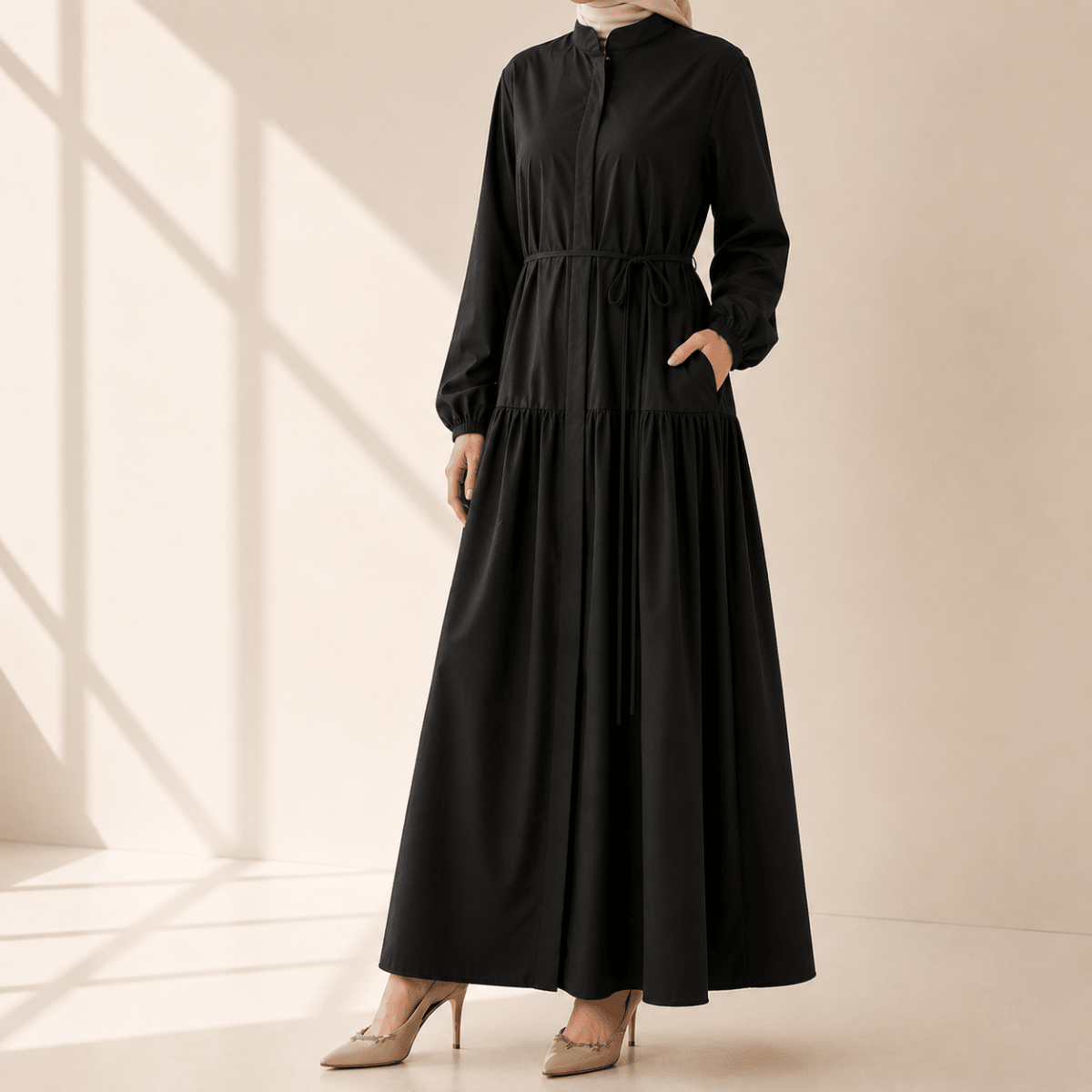 A-Line Trench Shirt Maxi Abaya Dress with Pockets (MA422), view 2