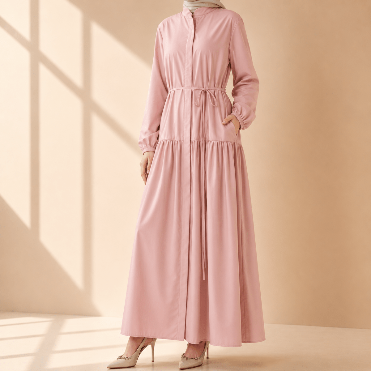 A-Line Trench Shirt Maxi Abaya Dress with Pockets (MA422), view 3