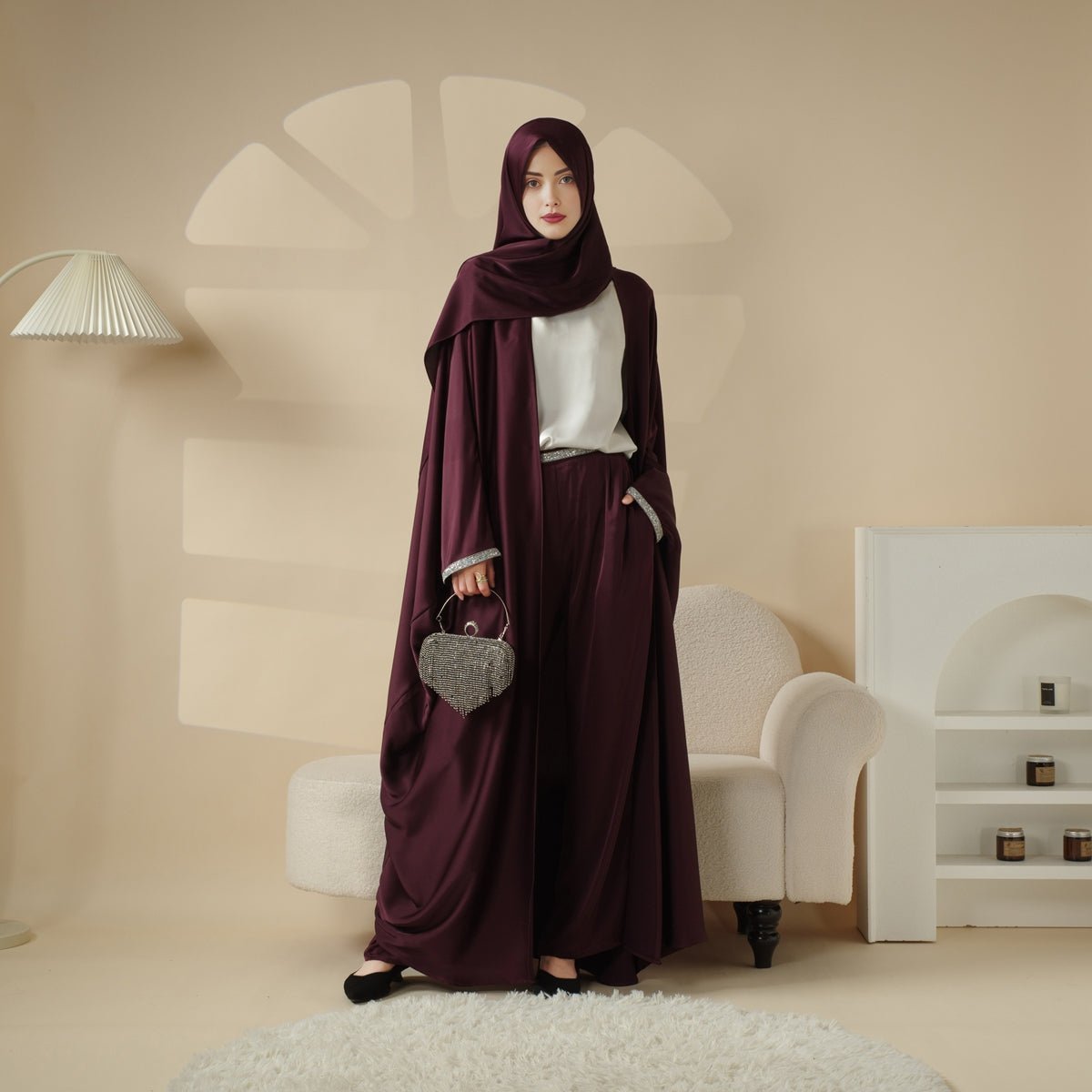 Abaya With Satin Shirt And Rhinestone Trousers by Mariam's Collection