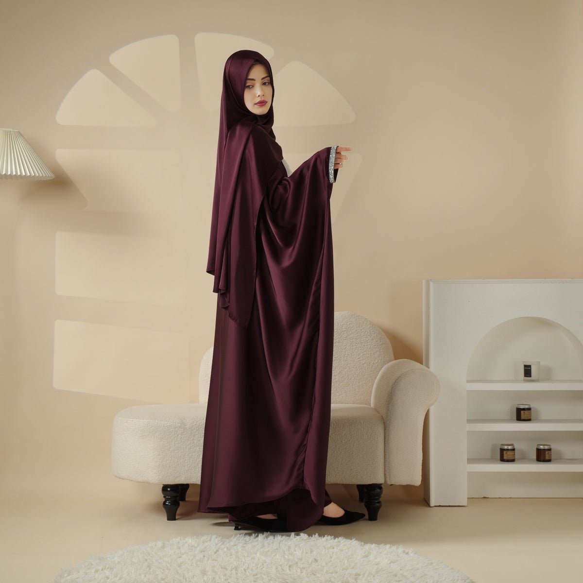 Abaya With Satin Shirt And Rhinestone Trousers, view 3