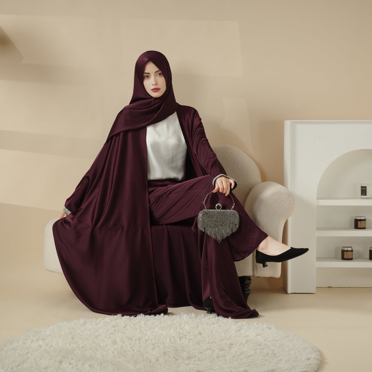 Abaya With Satin Shirt And Rhinestone Trousers, view 4
