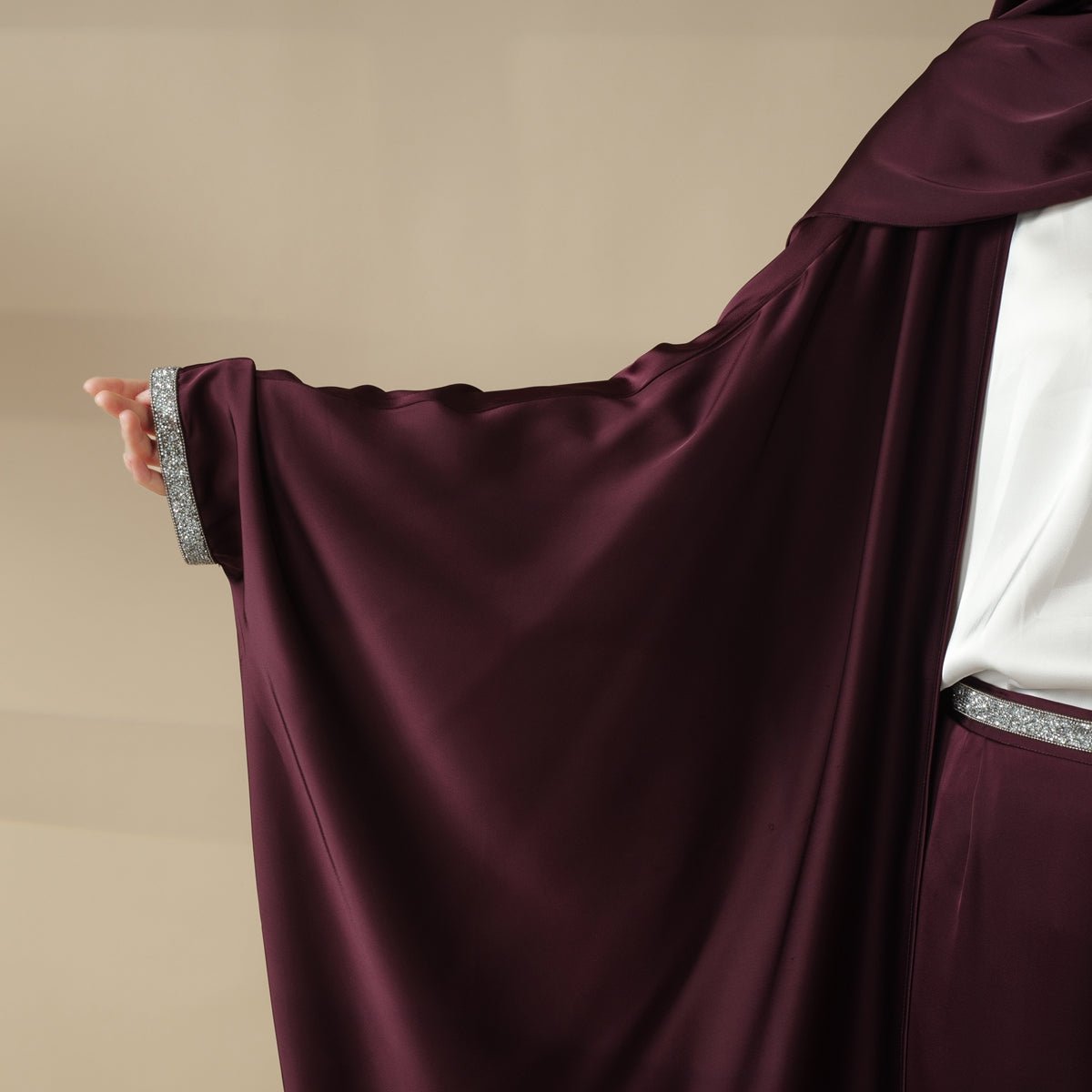 Abaya With Satin Shirt And Rhinestone Trousers, view 5