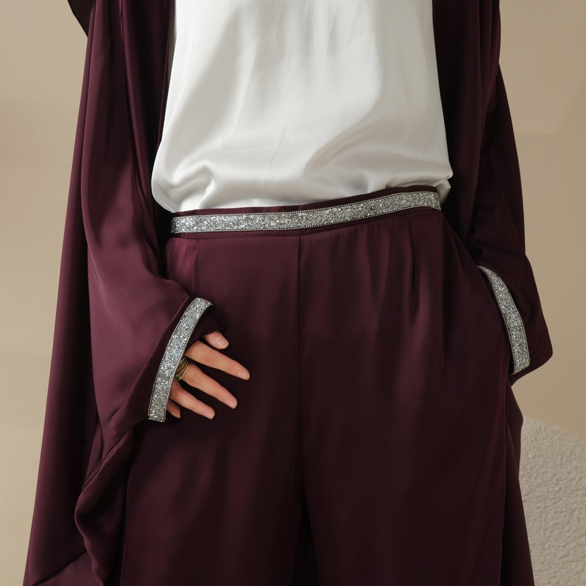 Abaya With Satin Shirt And Rhinestone Trousers, view 6