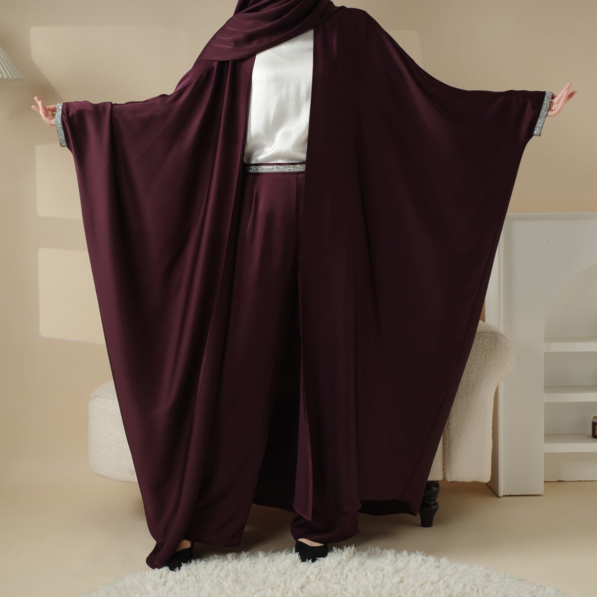 Abaya With Satin Shirt And Rhinestone Trousers, view 7