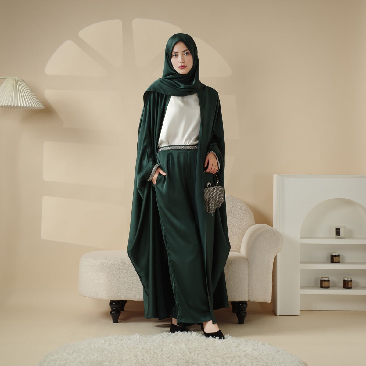 Abaya With Satin Shirt And Rhinestone Trousers, view 8