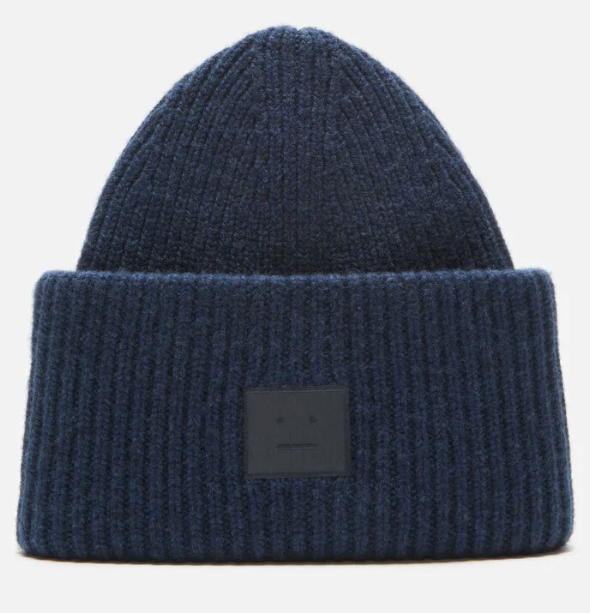 Acne Studios Face Logo Ribbed Wool Beanie — Navy, view 2