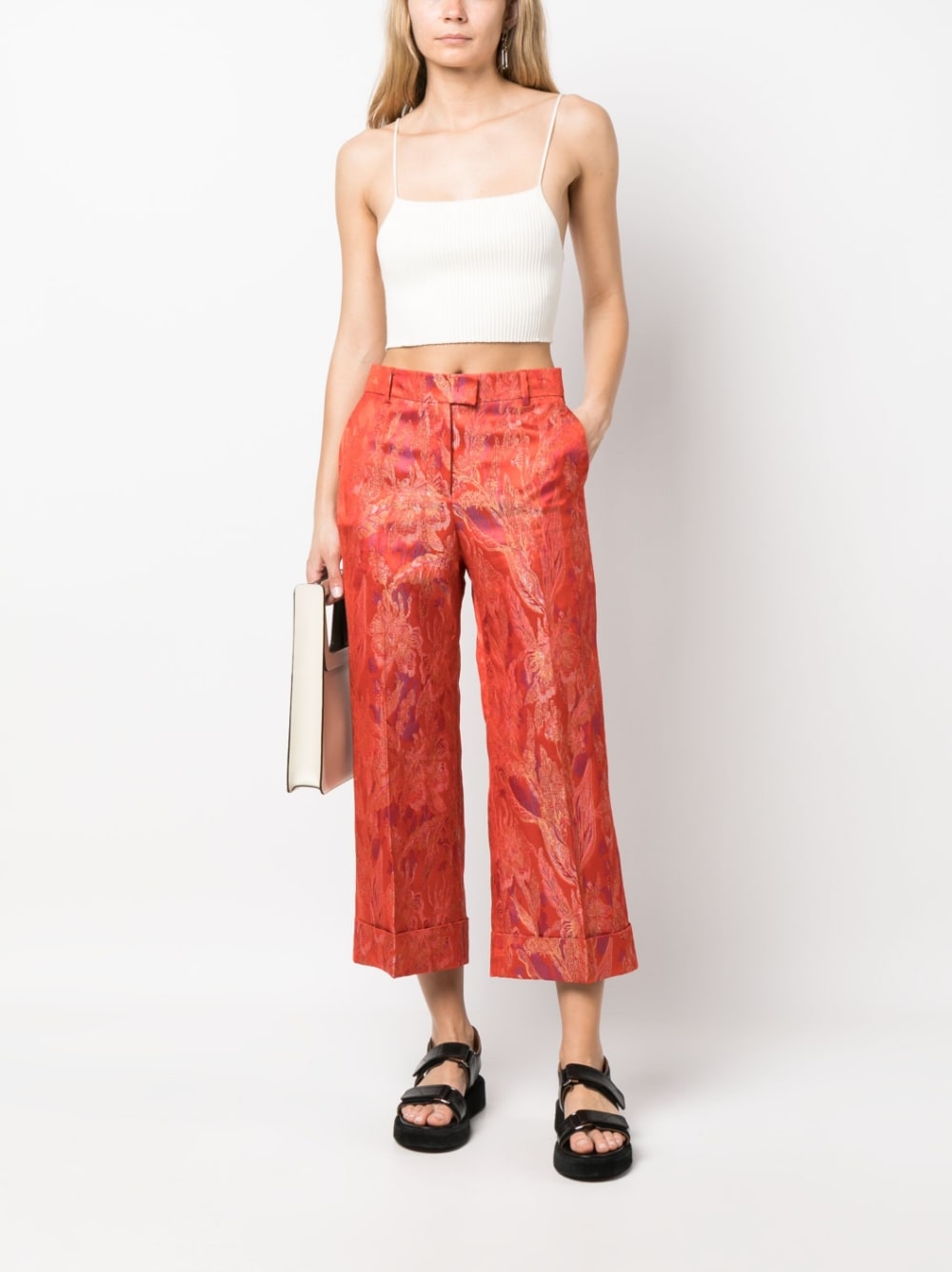 Alberto Biani Floral Jacquard Trousers — Red, view 2