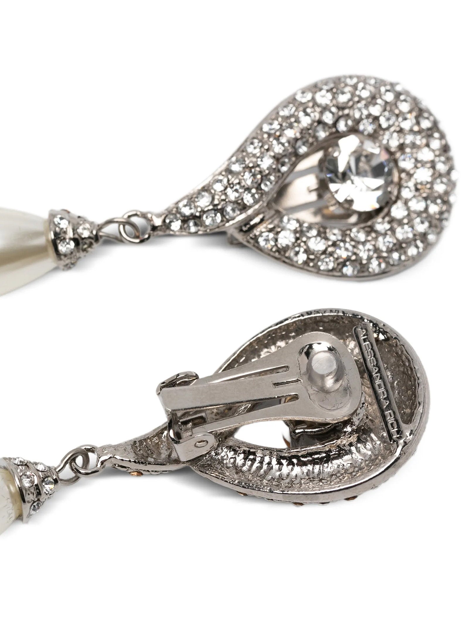 Alessandra Rich Crystal and Pearl Drop Earrings — Silver, view 2