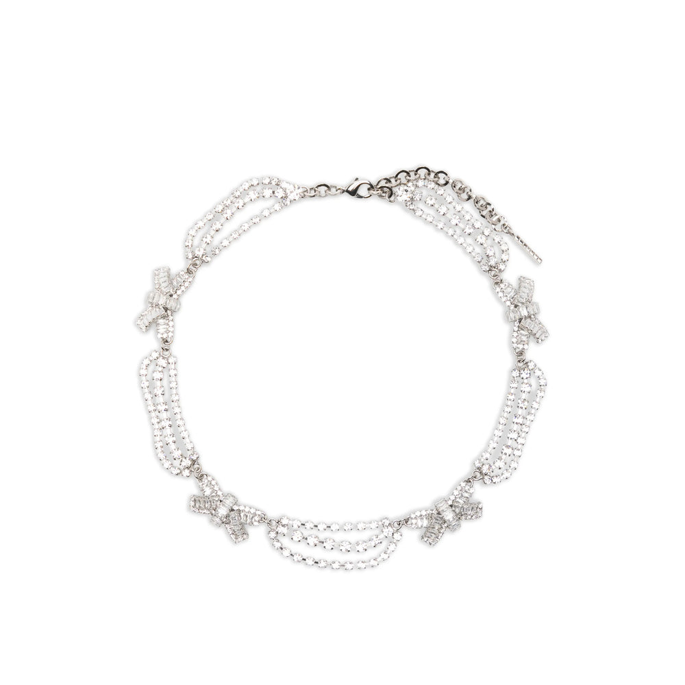Alessandra Rich Bow-Embellished Glass Crystal Necklace — Silver by Alessandra Rich