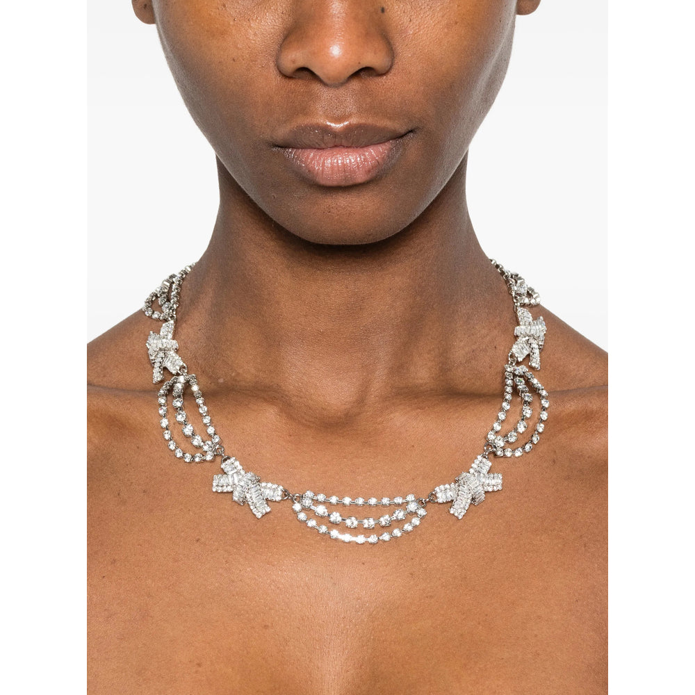 Alessandra Rich Bow-Embellished Glass Crystal Necklace — Silver, view 2
