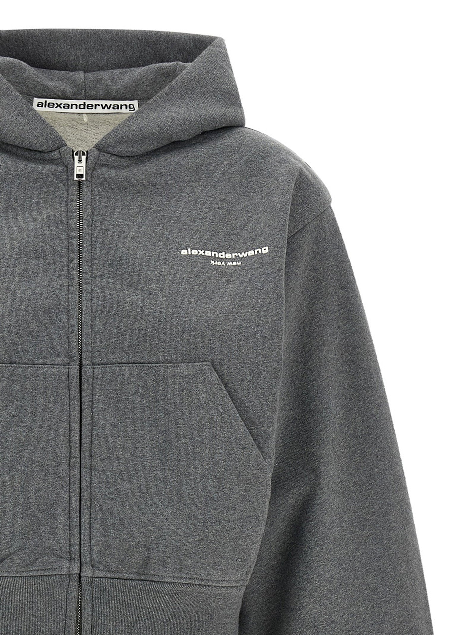 Alexander Wang Logo-Print Cotton Hoodie — gray, view 3