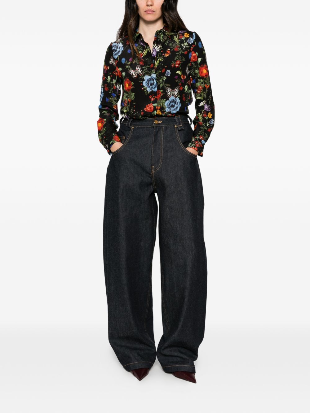 Alice + Olivia Floral and Butterfly Print Shirt — Black, view 3