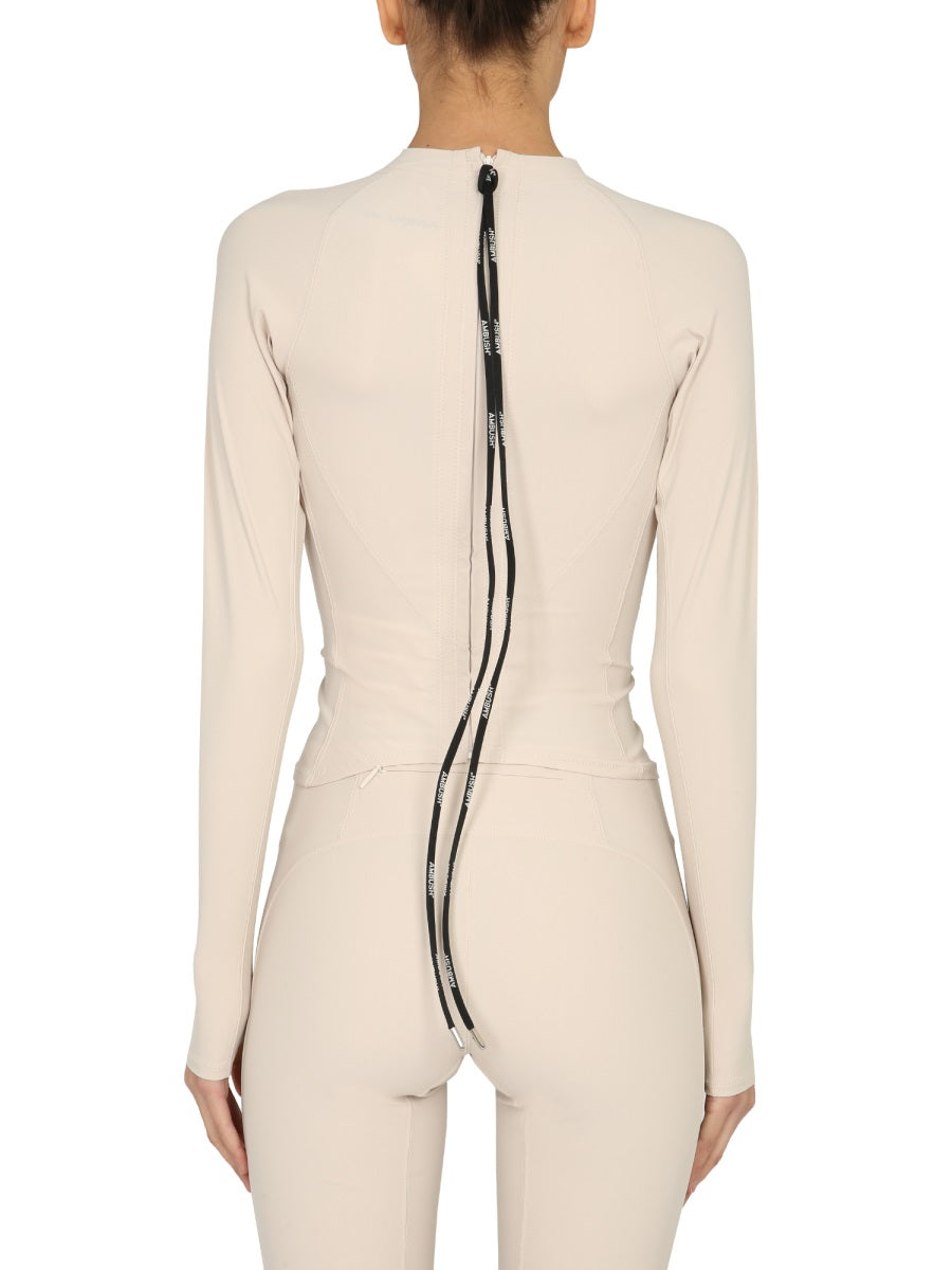 Ambush Long Sleeve Polo Neck with Back Zip T-Shirt — Beige, view 2