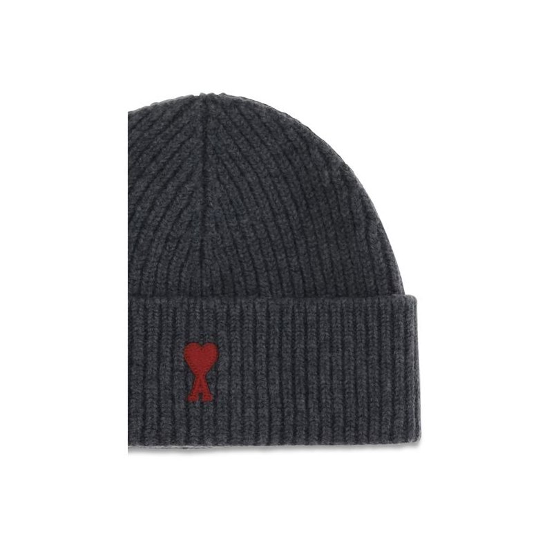 AMI Paris AMBFUHA116018084BB Merino Wool Ribbed Beanie — Gray, view 3