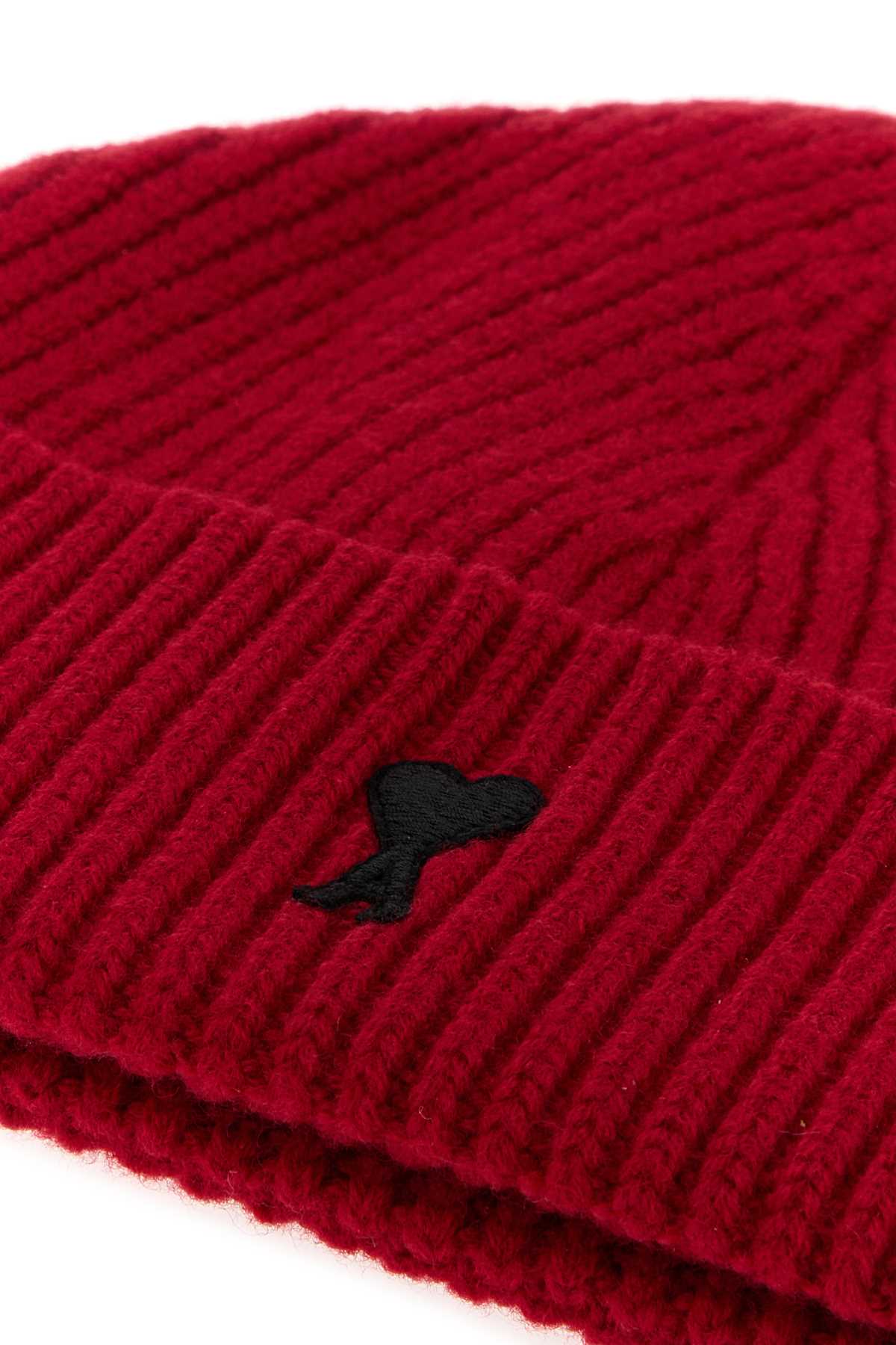 AMI Paris UBO006018 Ribbed Wool Beanie — Red, view 3