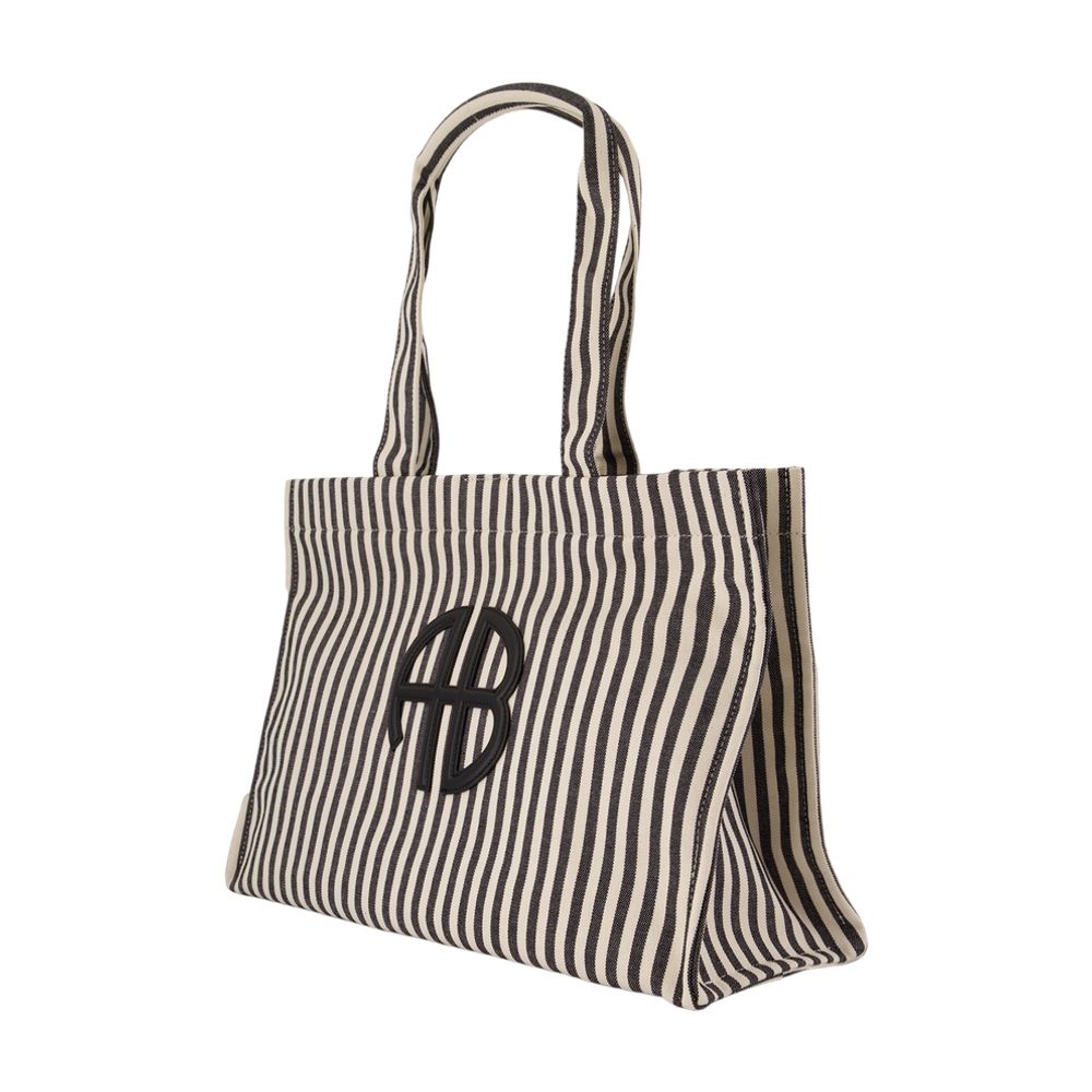 Anine Bing Striped Cotton Tote Bag — Black, view 2