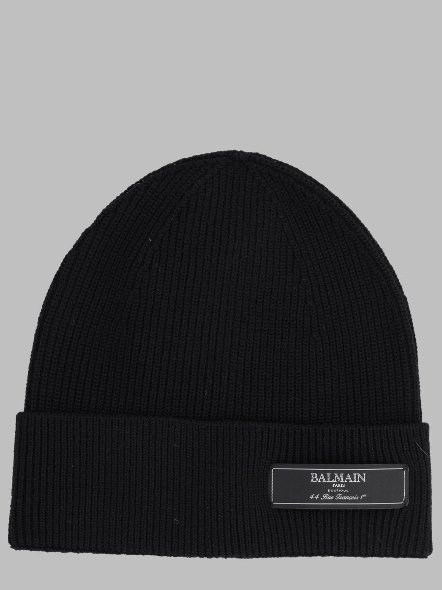 Balmain HH1XC050KK35_0PA Wool with Logo Patch Beanie — Black by Balmain
