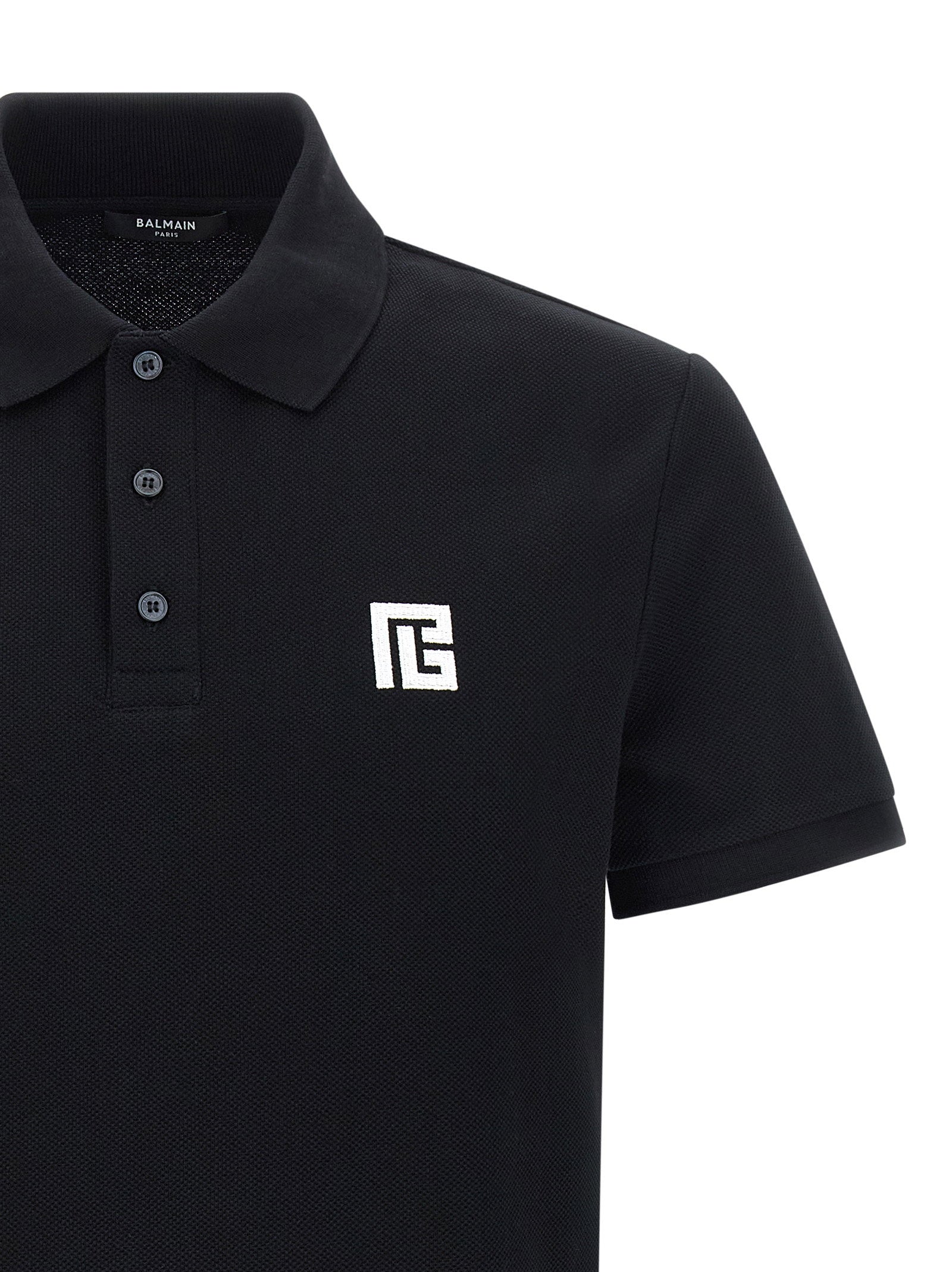 Balmain Logo-Embroidered Piqué Polo Shirt — Black, view 3