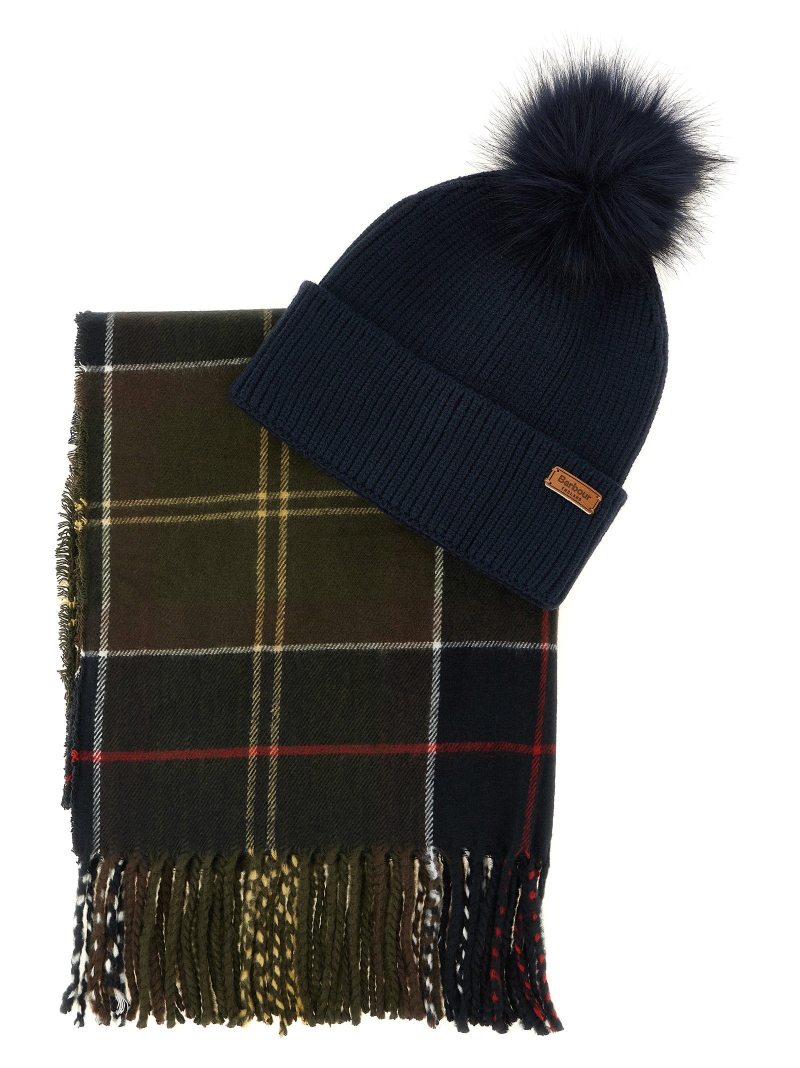 Barbour Ribbed Knit with Faux Fur Pompom Winter Hat — Navy by Barbour