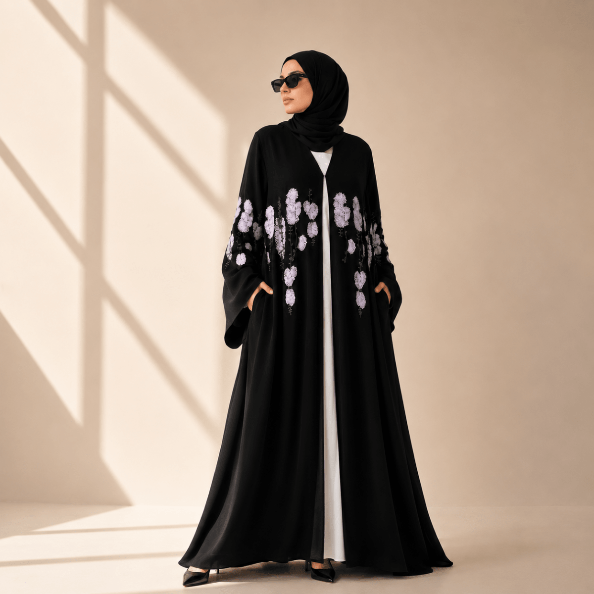 Luxury Floral Embroidered Double-Layer Chiffon Open Abaya(MOA308) by Mariam's Collection