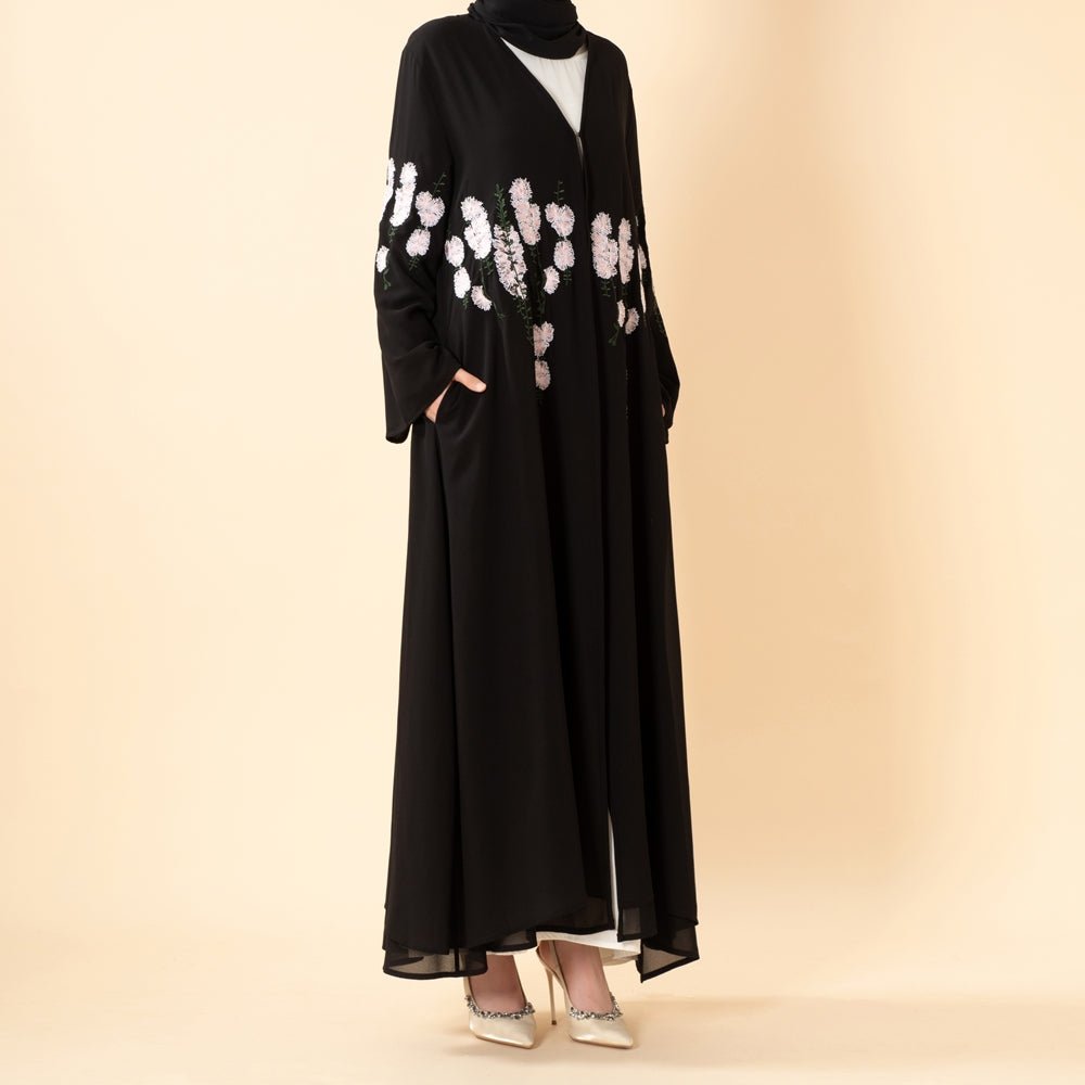 Luxury Floral Embroidered Double-Layer Chiffon Open Abaya(MOA308), view 2