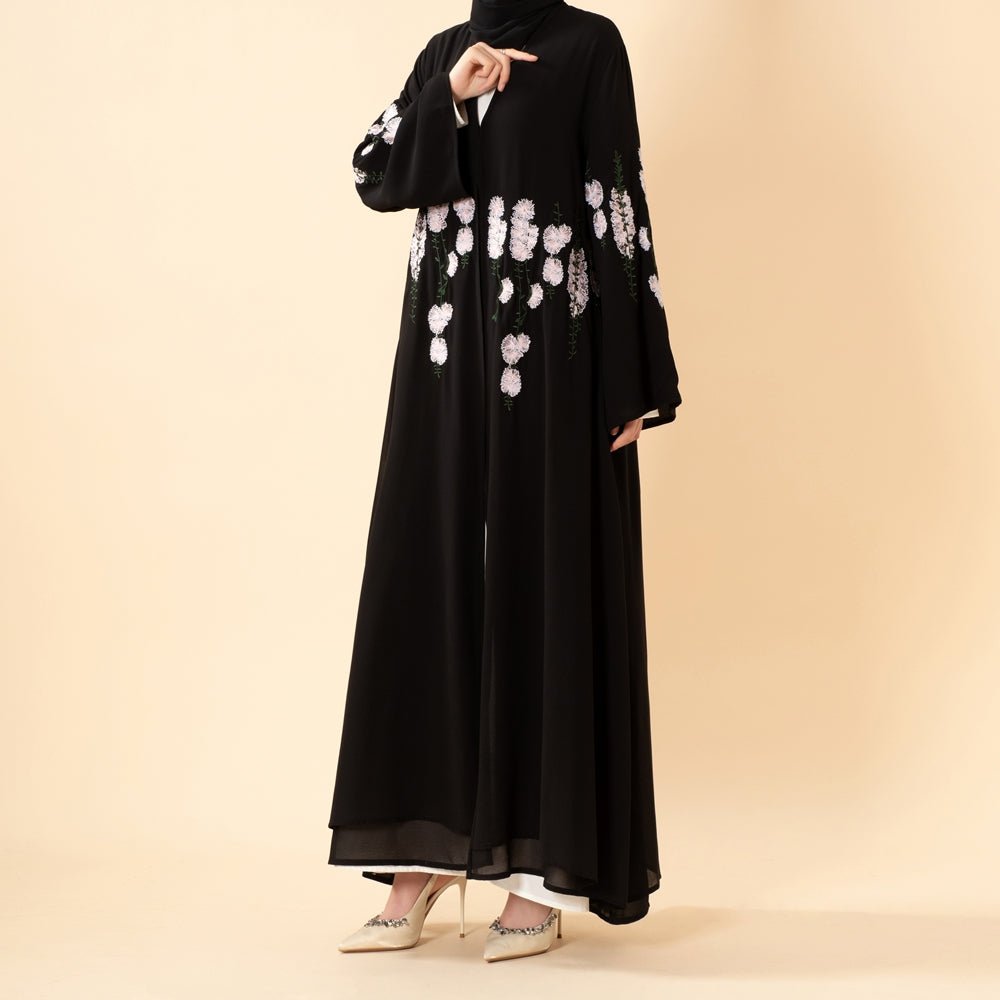 Luxury Floral Embroidered Double-Layer Chiffon Open Abaya(MOA308), view 3