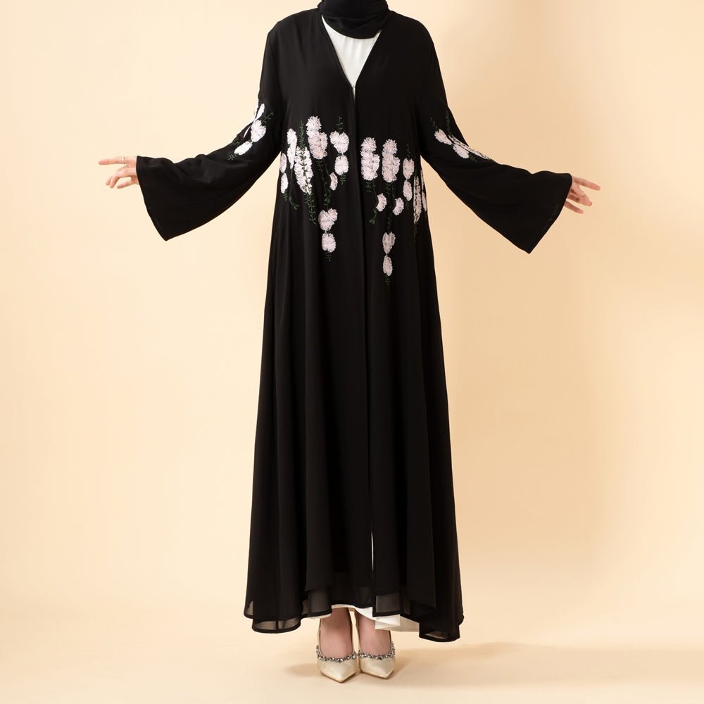 Luxury Floral Embroidered Double-Layer Chiffon Open Abaya(MOA308), view 4