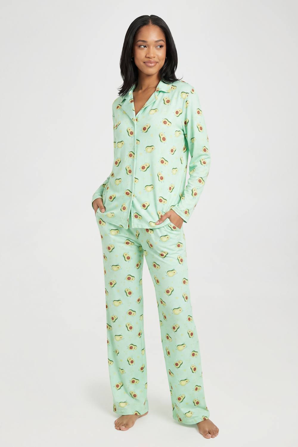 boohoo Women's Avocado Print Long Sleeve & Trouser Pyjama Set in Light Green by boohoo