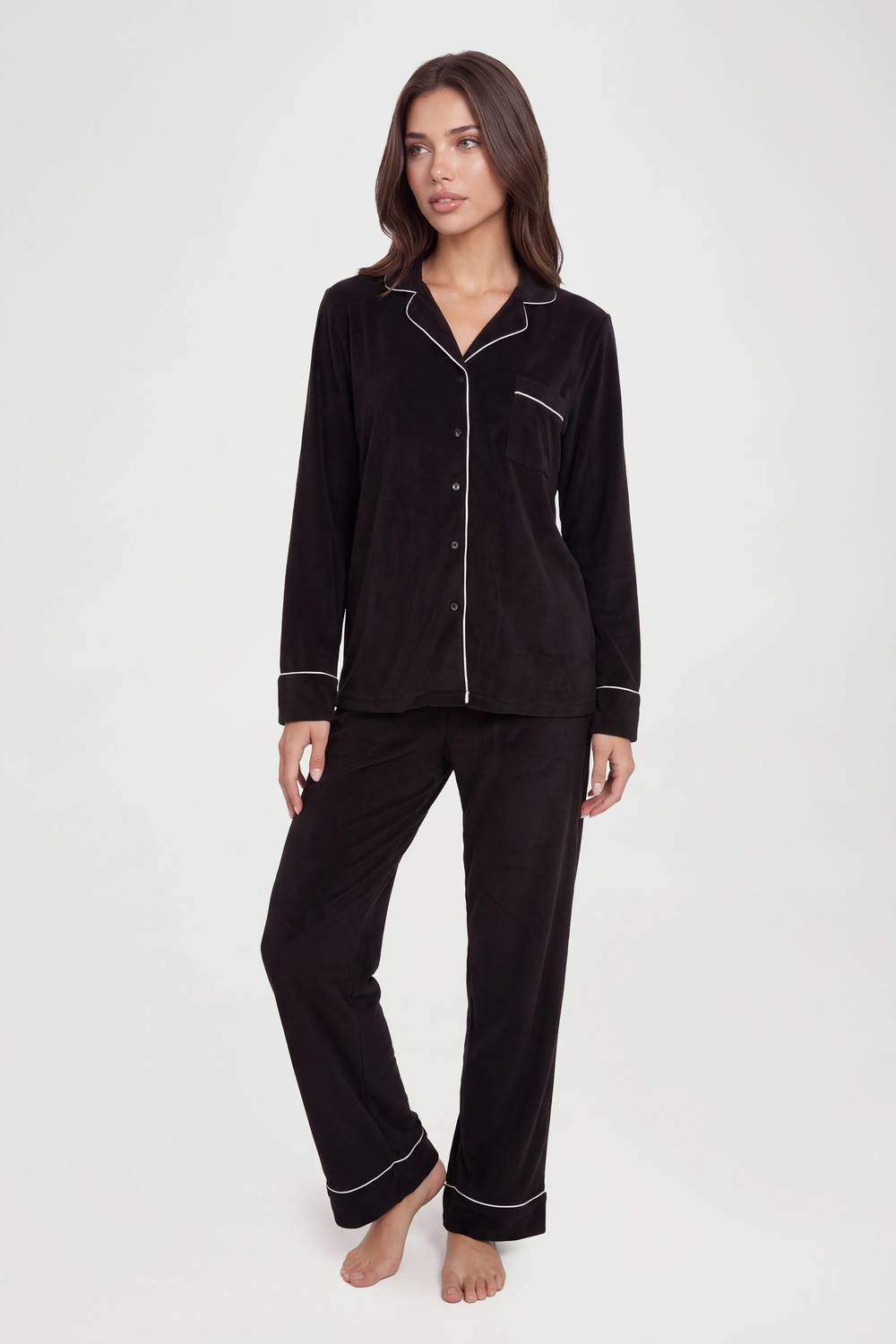 boohoo Women's Baby Fleece Piping Detail Long Sleeve Shirt & Trousers Pyjama Set in Black by boohoo