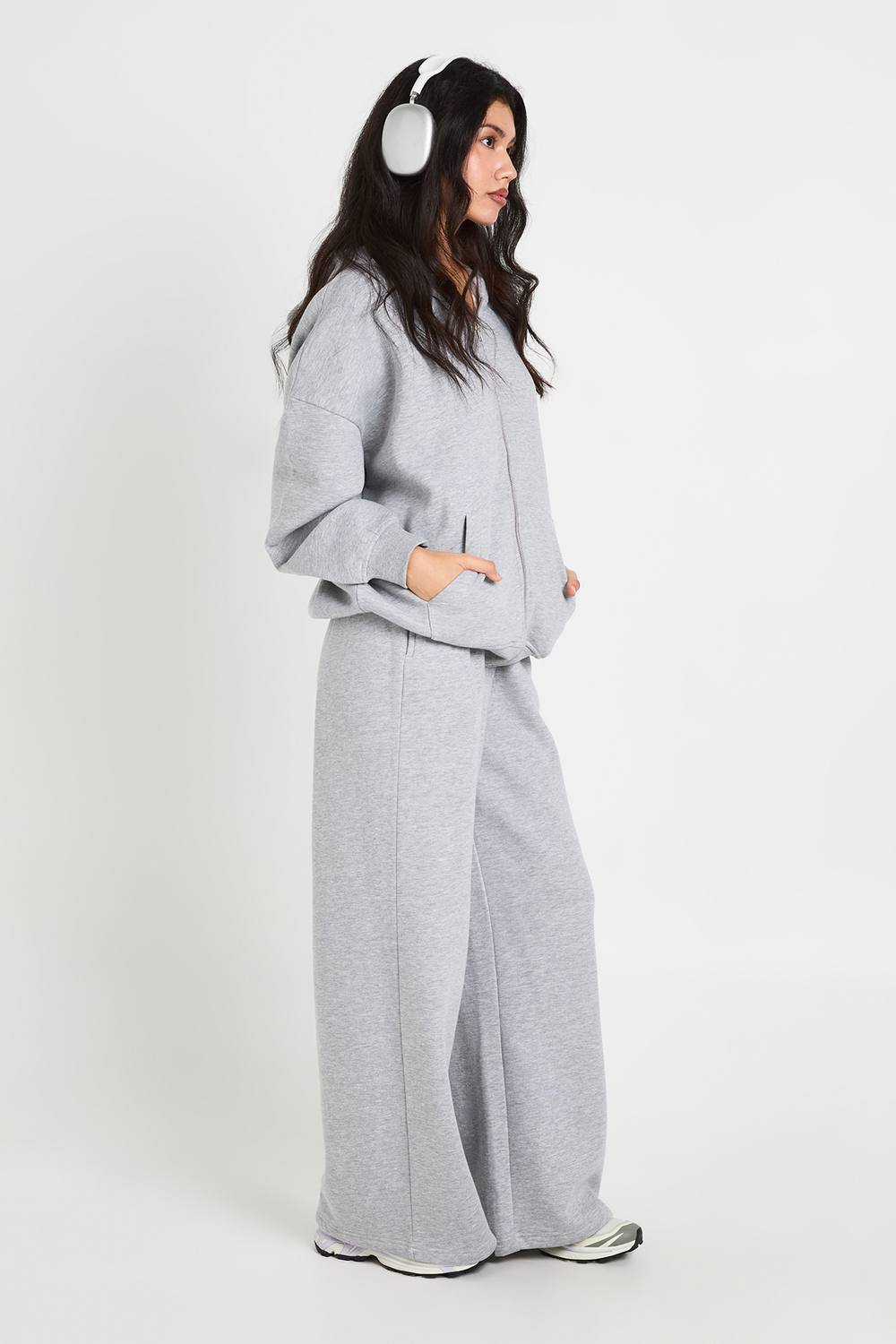 boohoo Women's Basic Oversized Zip Through Hoodie & Straight Leg Jogger Tracksuit in Grey Marl by boohoo