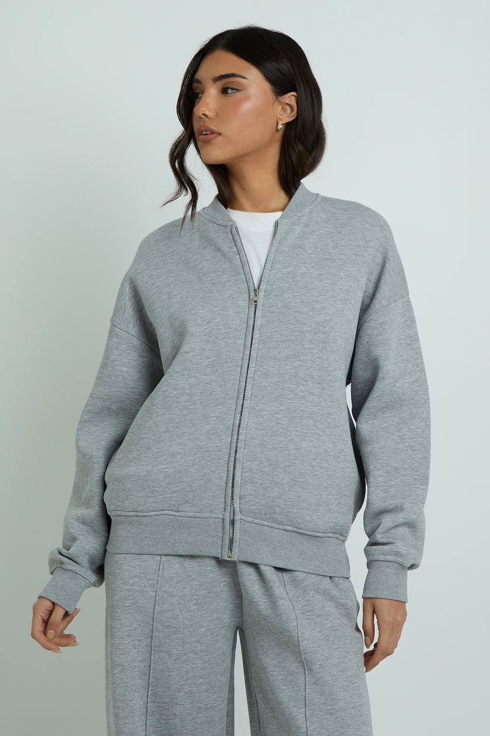 boohoo Women's Basic Zip Through Bomber & Straight Leg Jogger Tracksuit in Grey Marl by boohoo